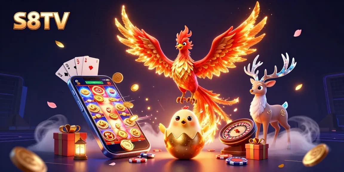 S8TV features an enchanting scene with a fiery phoenix and gaming elements, captivating online gamblers.