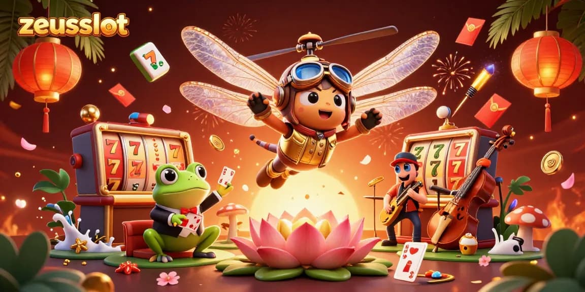 Experience zeusslot excitement with a vibrant casino scene featuring a dragonfly pilot and frog dealer.