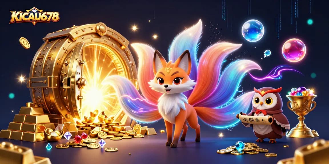 KICAU678 showcases a vibrant scene with a nine-tailed fox spirit amidst treasures, promoting responsible gambling.