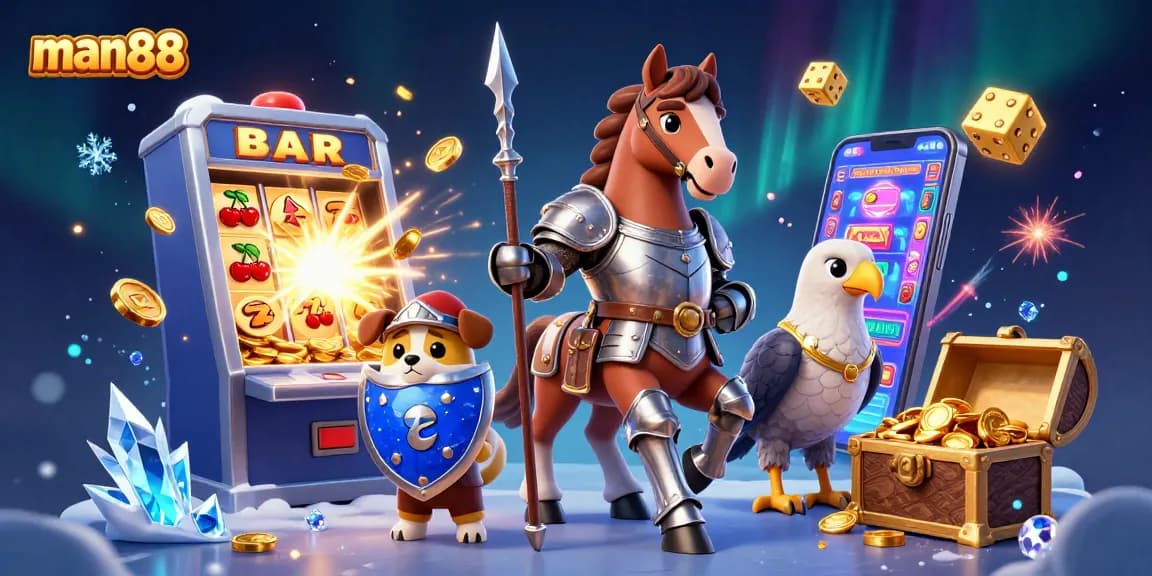 Experience thrilling jackpots with man88 in this vibrant casino scene featuring epic slots and 3D characters.