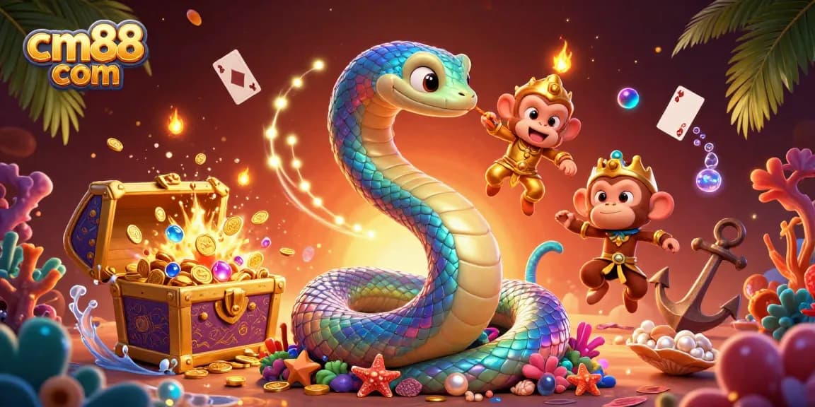 Experience exciting games at cm88 com with vibrant illustrations of a rainbow serpent and treasures.