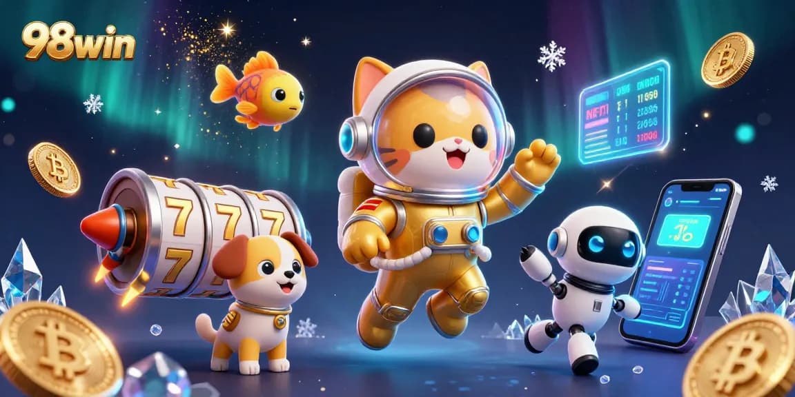Experience 98win’s lively gaming universe with a whimsical illustration featuring a space astronaut cat and dynamic casino elements.