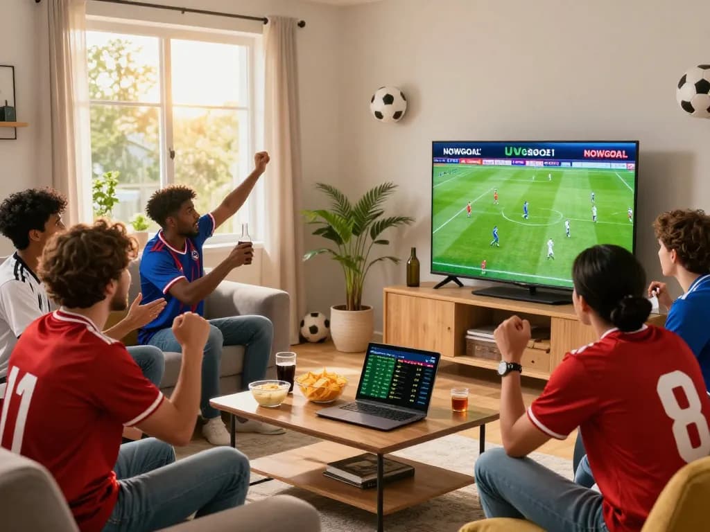 Friends enjoying a live football match with NOWGOAL scores displayed, creating an exciting game day atmosphere.
