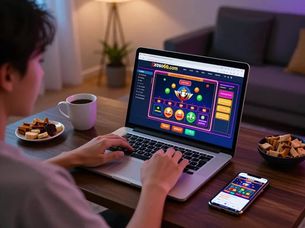 Engaging activity on xoso66com online casino platform showcasing live dealer gaming interface in a cozy home setup