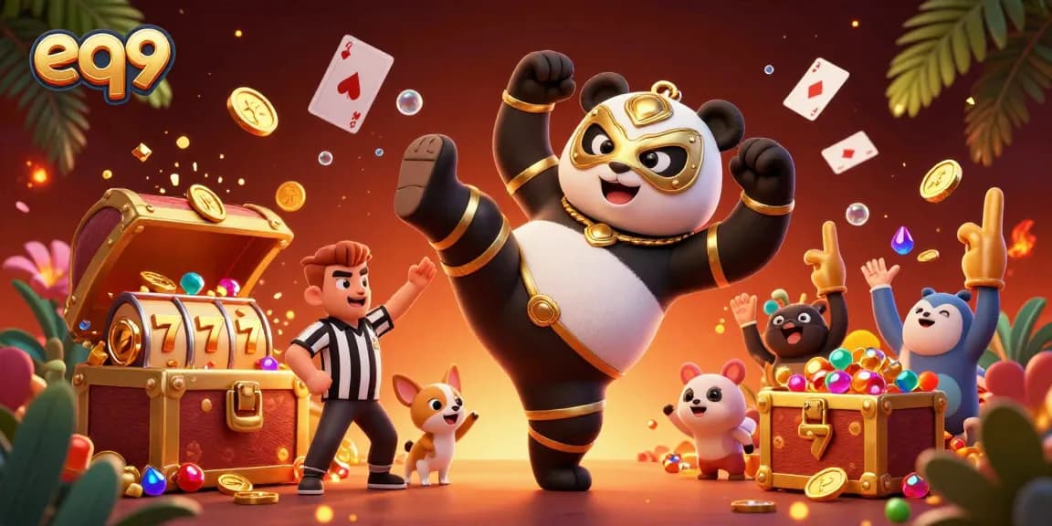 Experience thrilling gameplay at eq9, where a panda wrestler kicks amidst slot reels and vibrant casino elements.