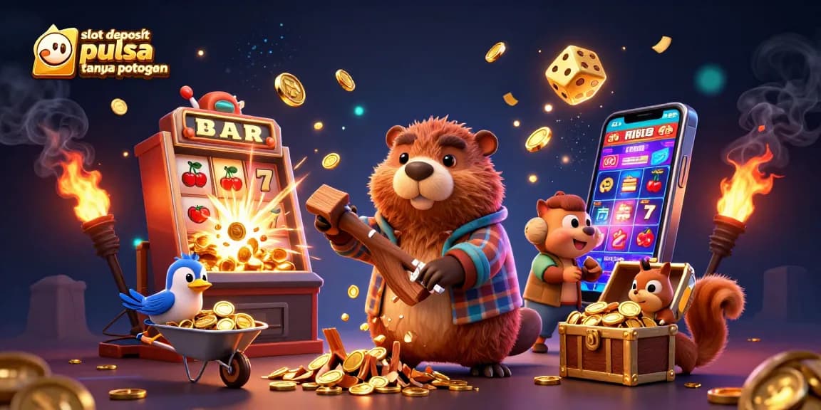 Menggandakan kesenangan bermain slot deposit pulsa tanpa potongan dengan beruang penebang yang mengumpulkan koin emas dari pohon.