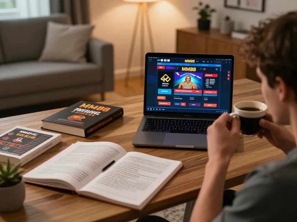 Player engaging with MM88 online casino gaming interface from a cozy home setup