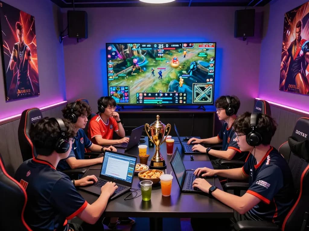 Enthusiastic gamers engaged in esports betting Singapore with laptops and colorful LED lights in a modern gaming lounge.