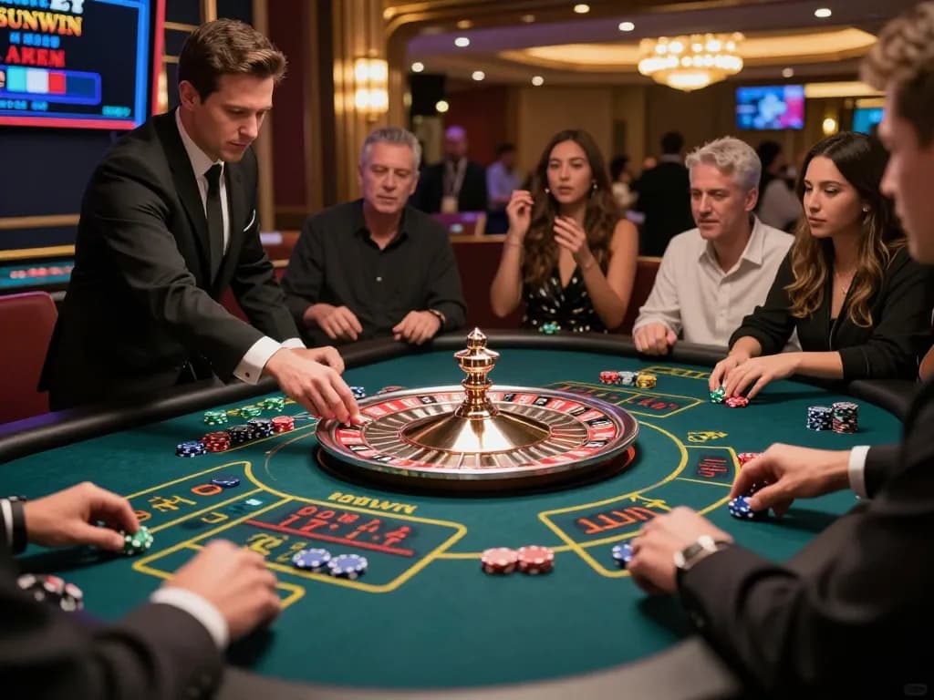 SUNWIN players engaged in live roulette, showcasing excitement and strategic betting moments