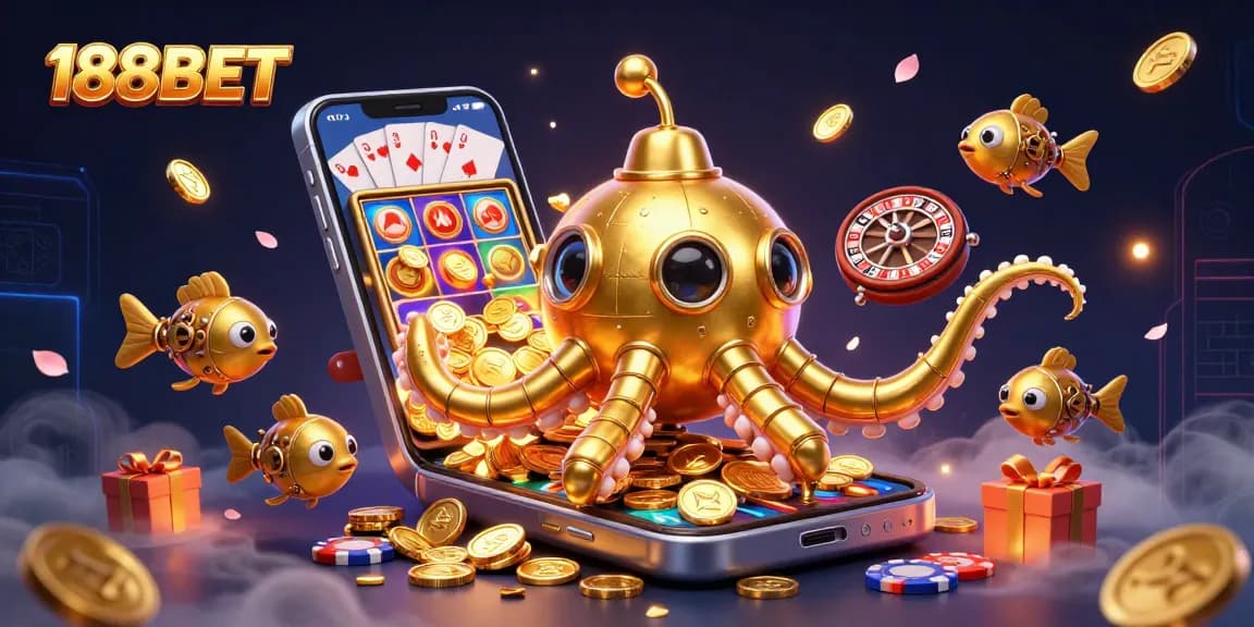 Experience thrilling gameplay with 188BET's golden kraken submarine amidst golden coins and dynamic casino elements.