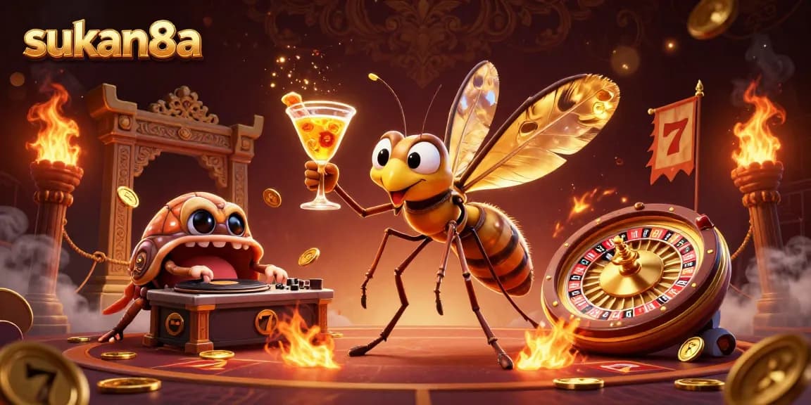 Sukan8a casino mascot bringing life to a vibrant gambling scene with golden roulette wheels and slot reels.