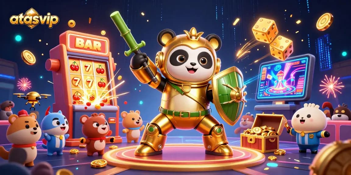 Experience thrilling gameplay at atasvip with a mech-suit panda in a vibrant casino arena.