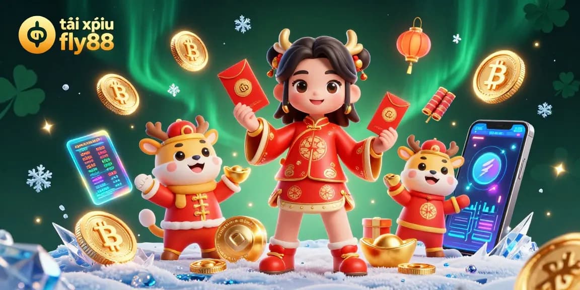 Play tài xỉu fly88 with a vibrant Lunar New Year festive scene featuring dynamic casino elements.