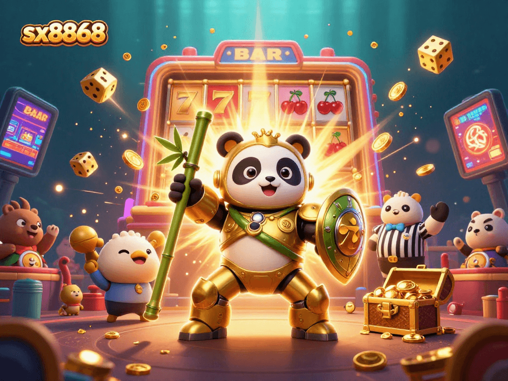 Witness sx8868's vibrant casino scene where a golden panda pilots a bamboo robot amidst thrilling game elements.