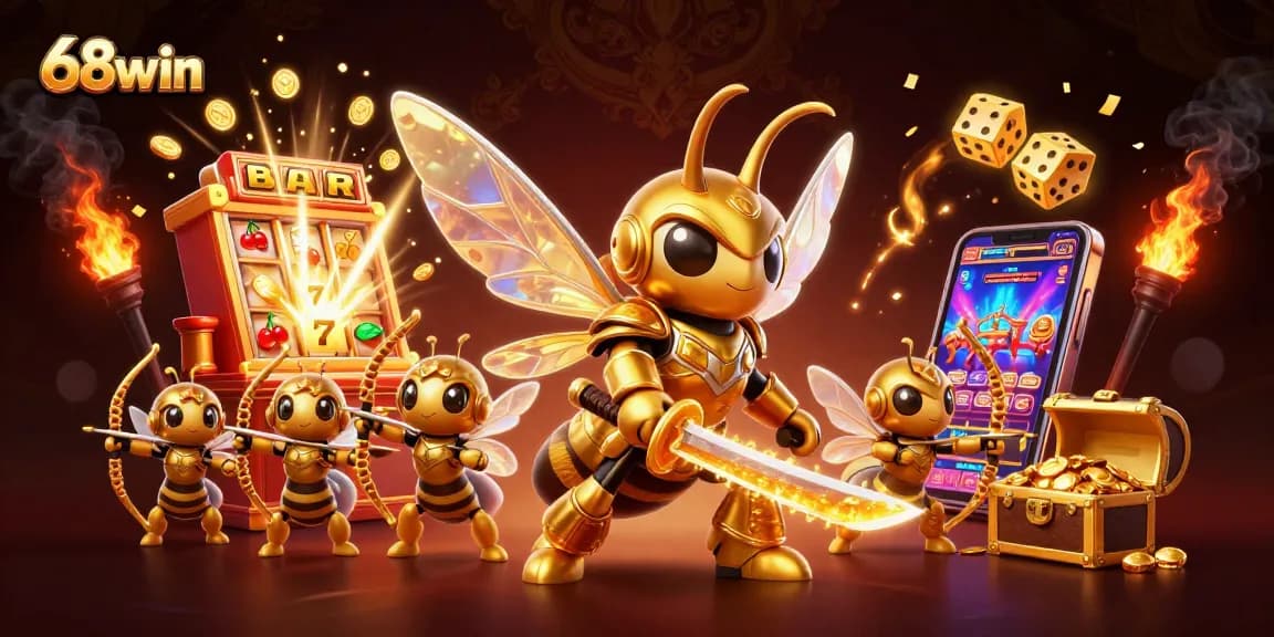 Experience the excitement of 68win with a vibrant 3D illustration of a golden hornet samurai amidst jackpot symbols and coins.
