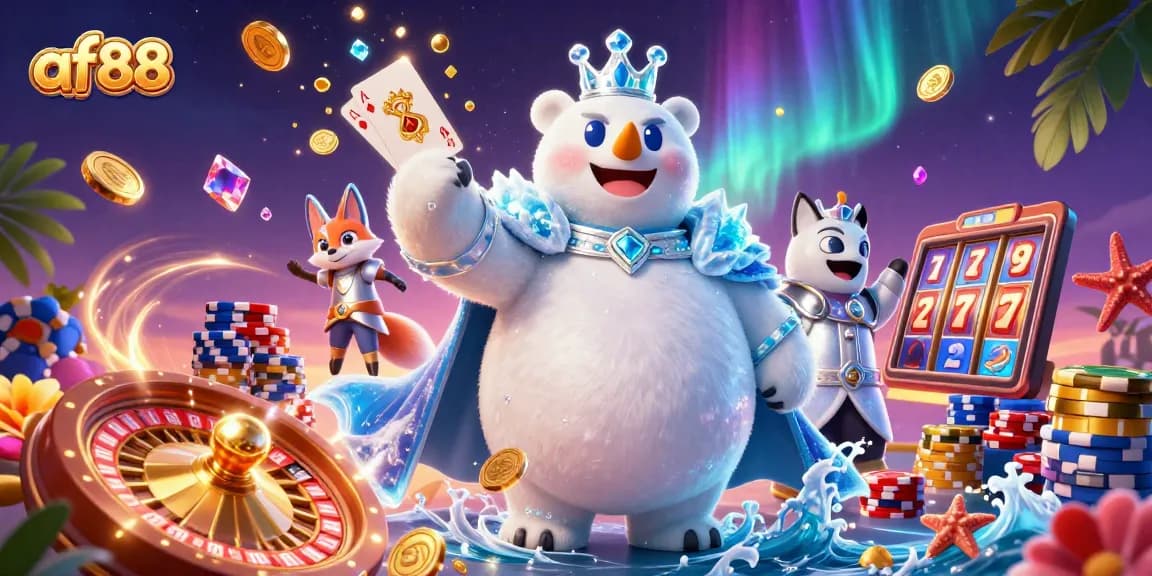 Experience the excitement of af88 as the ice king polar bear and snow fox celebrate winnings in a vibrant casino!