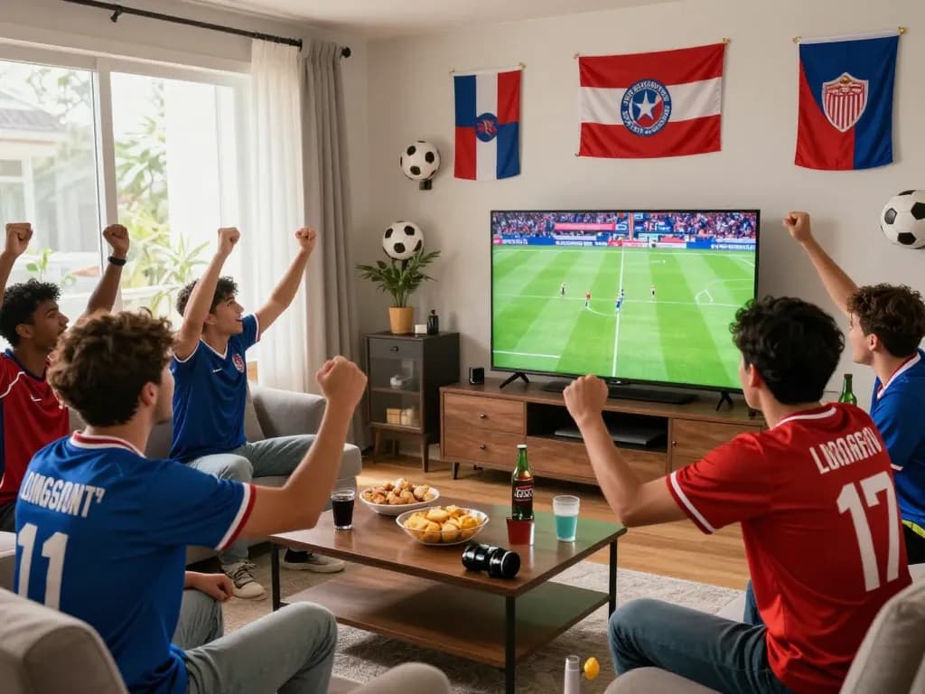 Excited fans enjoying a live game on luongson117.tv in a vibrant living room.