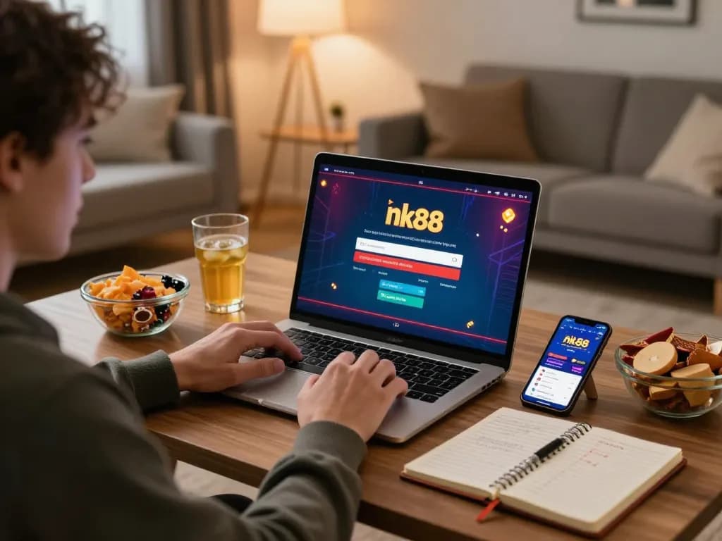 Engaging in online gaming at home with nk88 link, focusing on a poker game strategy.
