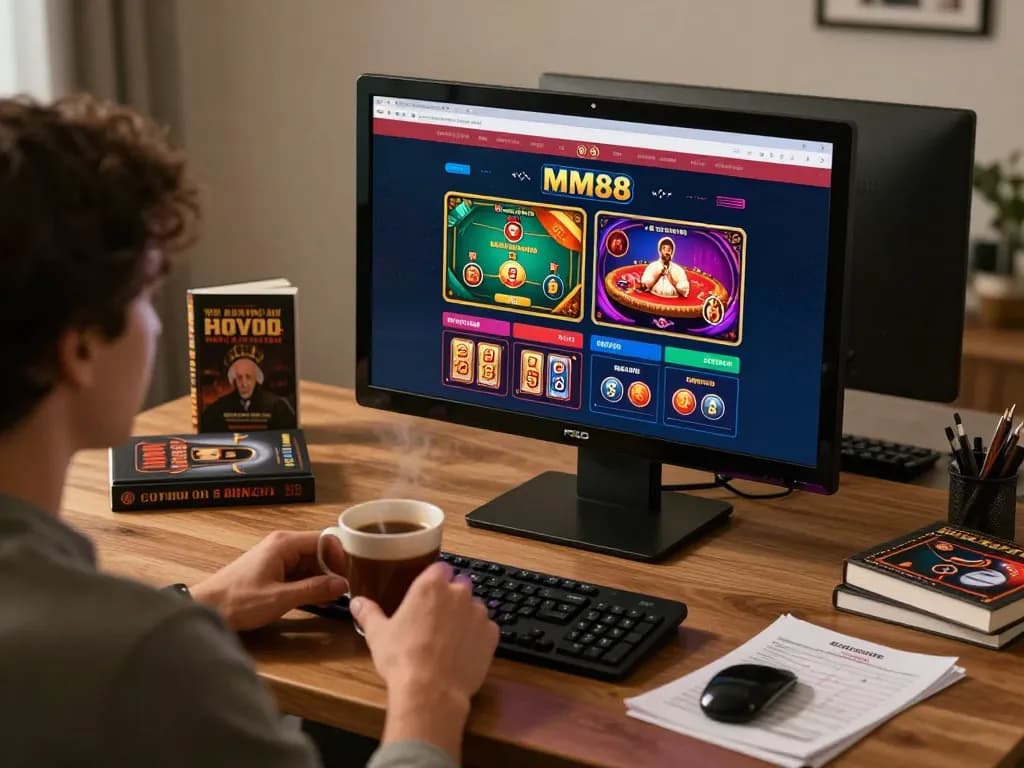 Engaging in online casino gaming with MM88, showcasing a player at a home setup.