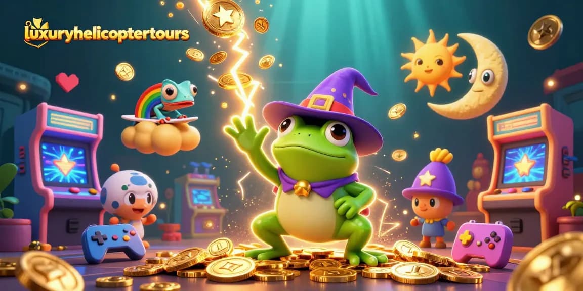 Experience luxuryhelicoptertours through a vibrant, energetic casino-themed scene with magical characters.