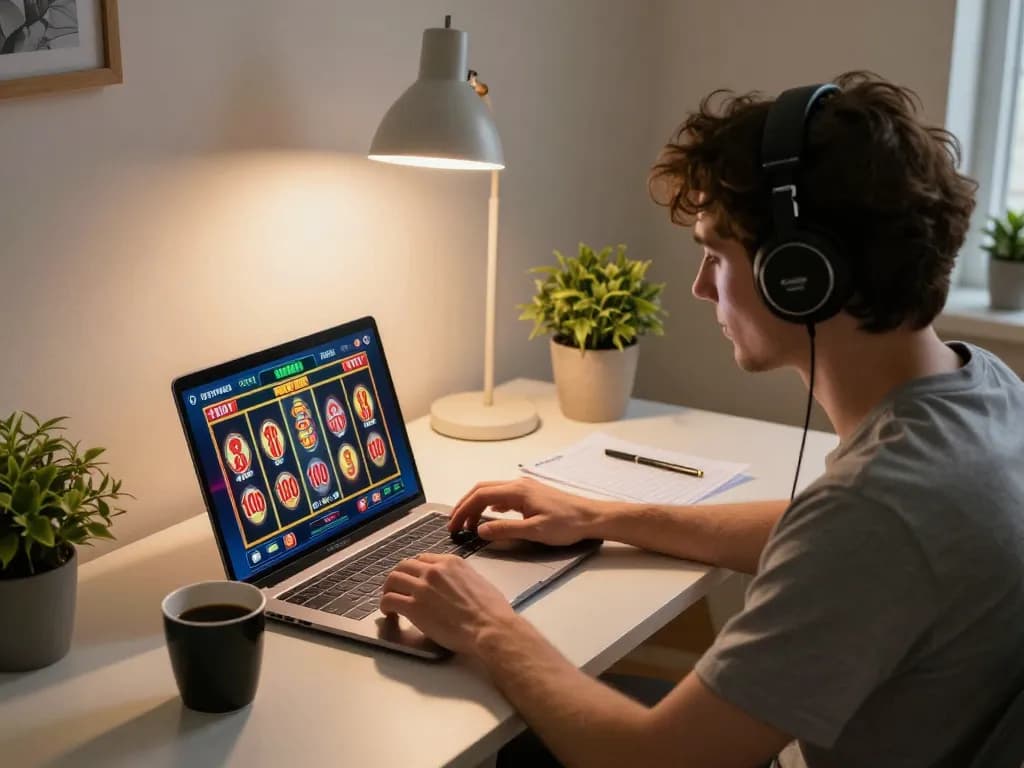 Engaging with slot bet 100 on a laptop in a cozy home gaming setup