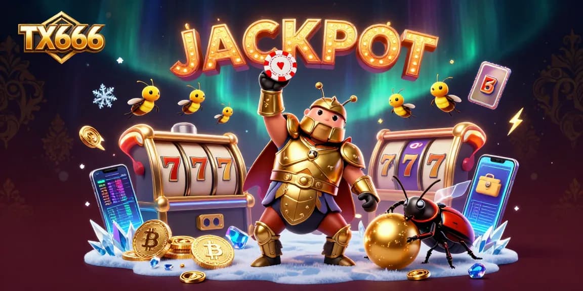 Engage with TX666 as the victorious beetle lifts a poker chip, celebrating a winning moment in the digital casino.