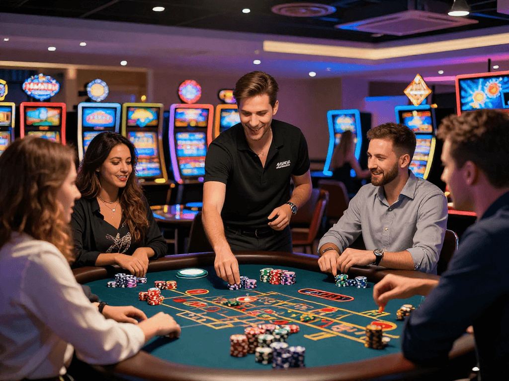 Giocatori entusiasti nei casino non AAMS mentre interagiscono al tavolo della roulette.