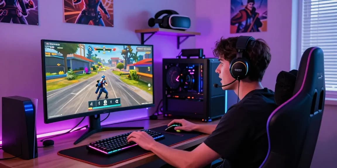Player engaged in Fortnite Hacks gameplay with high-tech gaming setup and vibrant visuals.