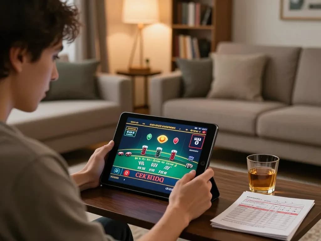 Player engaging with live dealer blackjack on 789betcom tablet, showcasing responsible gaming in a cozy home.