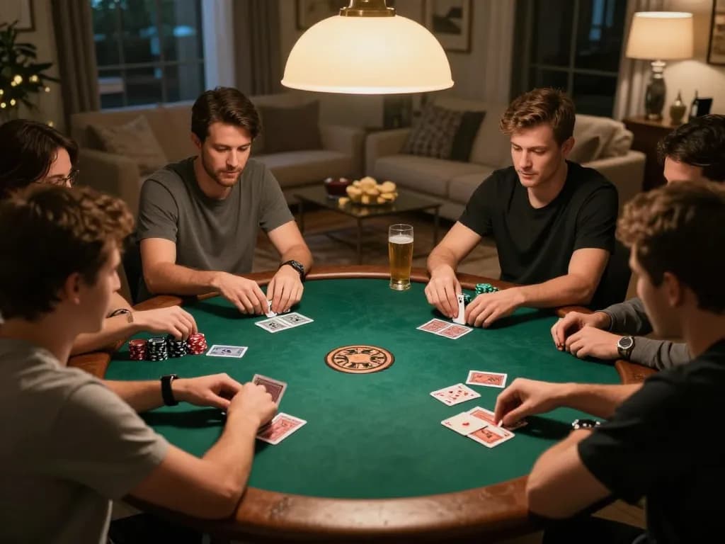 Players enjoying an intense poker game at home, showcasing excitement and strategy while utilizing Net 88 gaming.