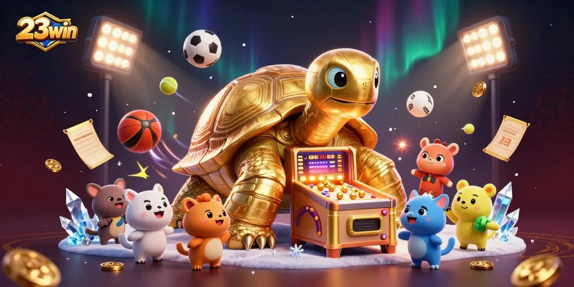 Experience exciting wins at 23win with vibrant casino games, golden trophies, and dynamic sports elements.