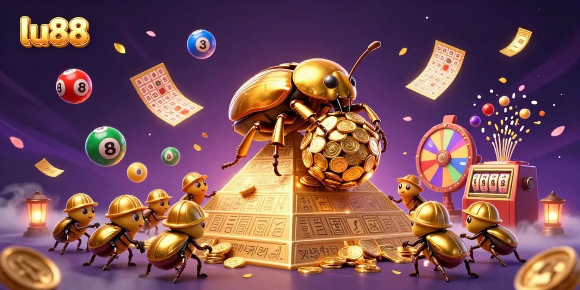Join the excitement of lu88 with golden coins and vibrant lottery elements in an engaging 3D illustration.