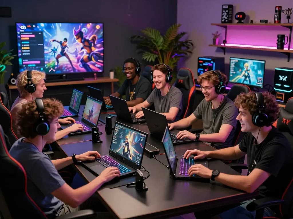 Excited gamers playing xxx games in a modern gaming lounge, showcasing diverse players and vibrant tech.