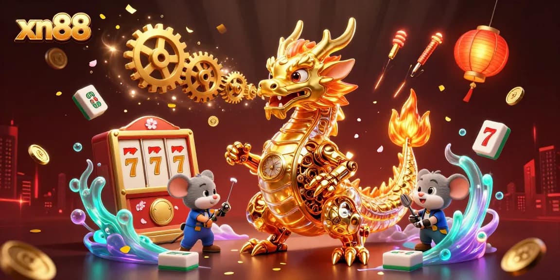 Spin the reels with xn88's vibrant 3D casino scene featuring a dragon and lucky symbols.