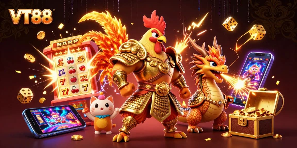 Experience thrilling gameplay with VT88's dynamic casino scene featuring classic symbols, vibrant colors, and elaborate characters.