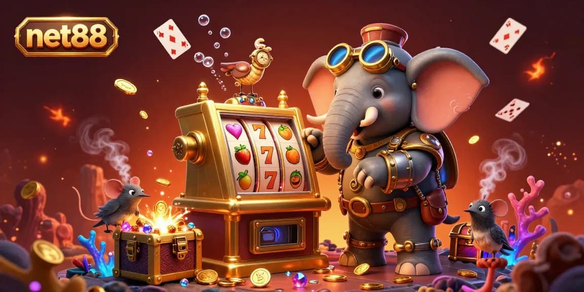 Spin the reels at net88 with a steampunk elephant and treasures filling the scene.