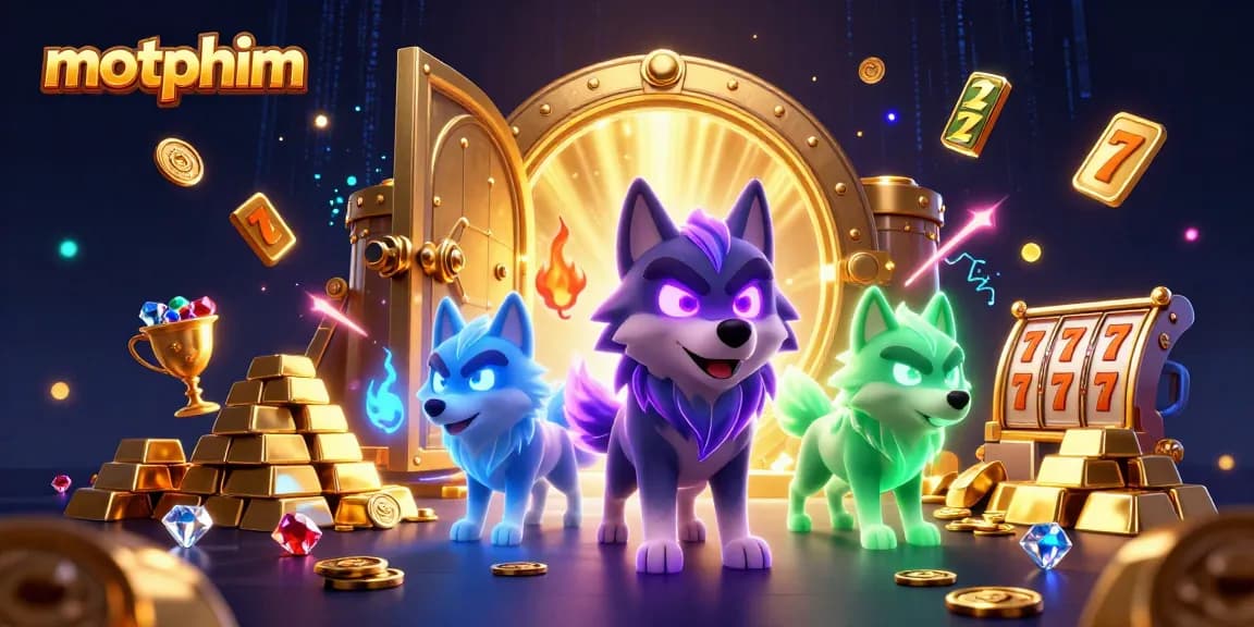 Spin lucky reels and win big with motphim's captivating 3D casino scene filled with treasure!