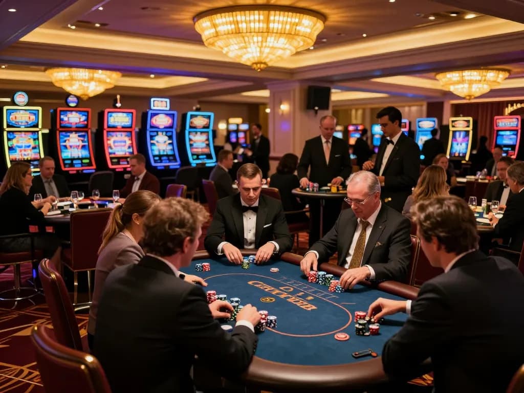 Players enjoying high-stakes poker at Fun88 casino, surrounded by vibrant slot machines and elegant decor.