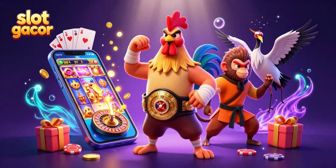 Spin and win with slots at slot gacor, featuring roaring characters and dynamic gambling elements.