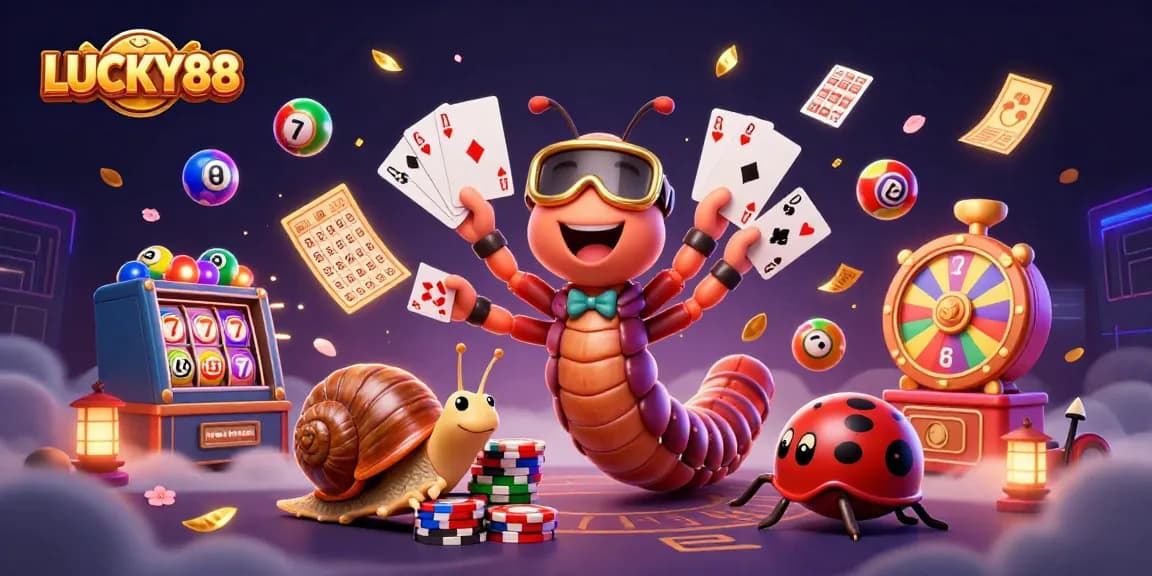 Experience LUCKY88 with thrilling gameplay featuring cartoon characters and vibrant casino elements.