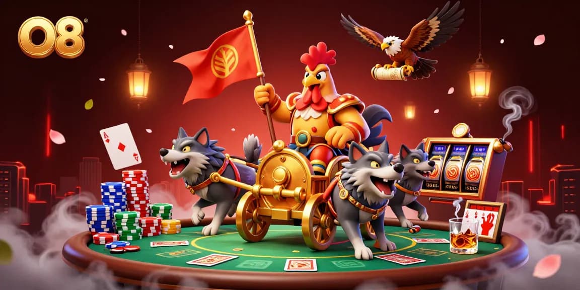 Engage in thrilling poker and slots action with the captivating O8 scene featuring the rooster warlord.