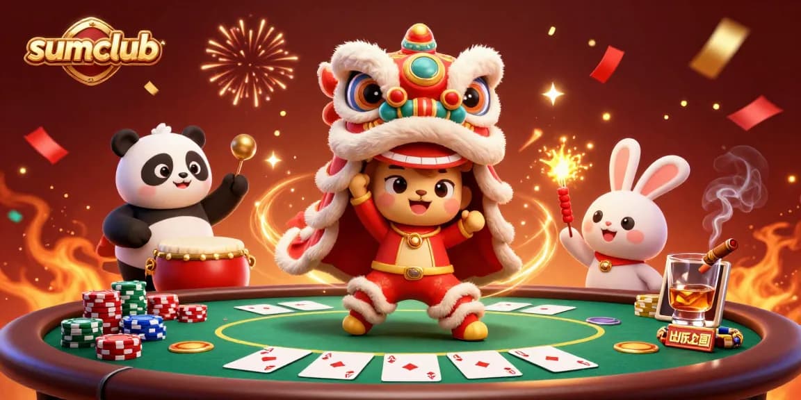 Engage with sumclub's lively casino atmosphere featuring a lion dance and poker scene.