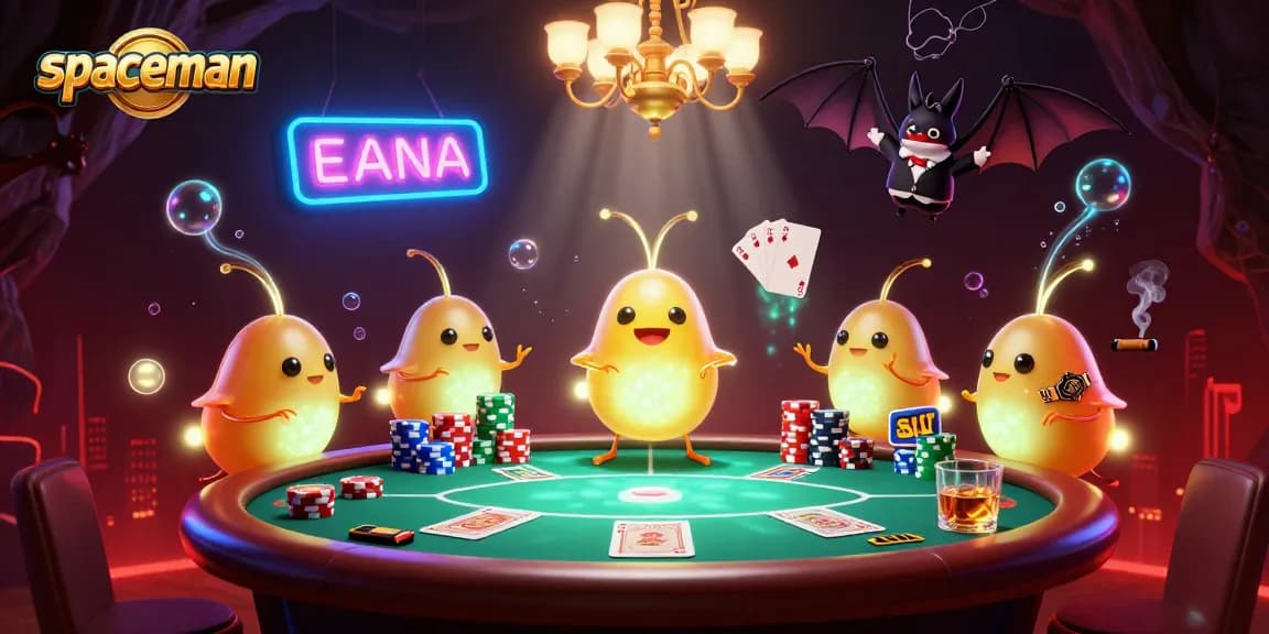 Play exciting games with spaceman while enjoying vibrant poker table action in a casino-themed illustration.