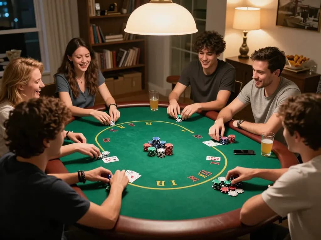Friends enjoying a thrilling poker game at home with 789win strategy in action