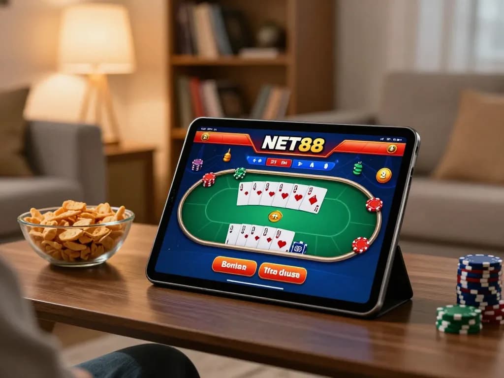 NET88 user engaging in online poker game on tablet in cozy living room environment, showcasing relaxed gaming atmosphere.