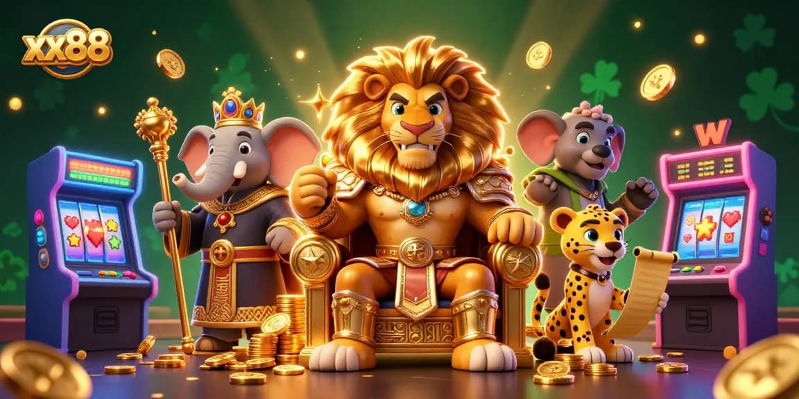 Engage with xx88's thrilling casino experience featuring a lion king on golden coins.