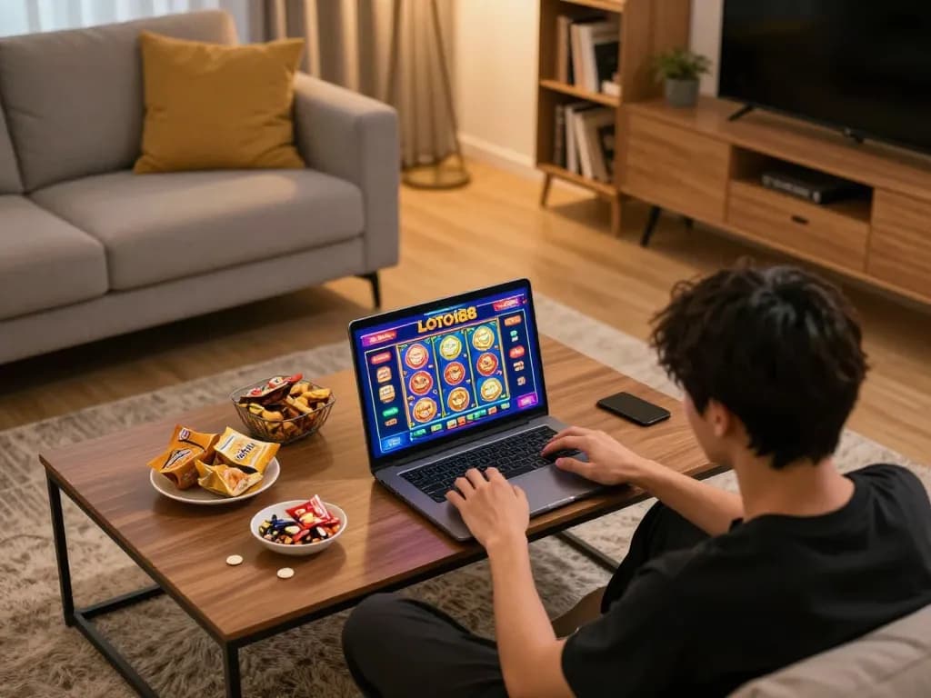 Engaging in online gameplay at LOTO188 with a vibrant gaming setup in a cozy living room.