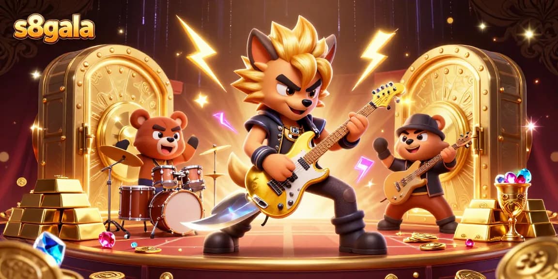 Feel the excitement of s8gala with a dynamic casino stage featuring a rock star wolf shredding guitar