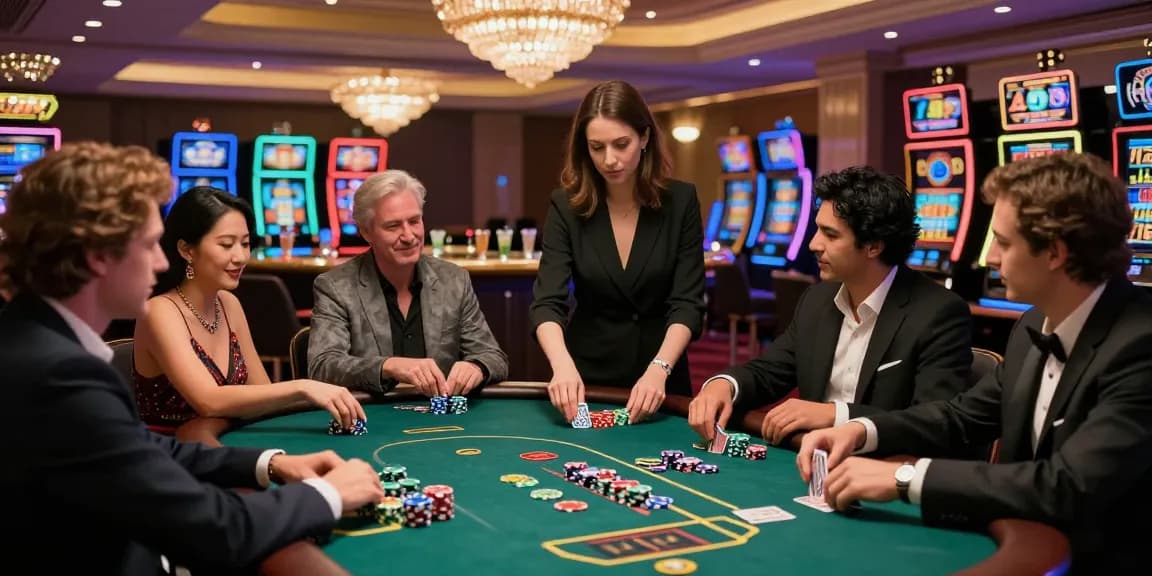 Exciting iwin gambling scene with players celebrating at a luxurious casino table.