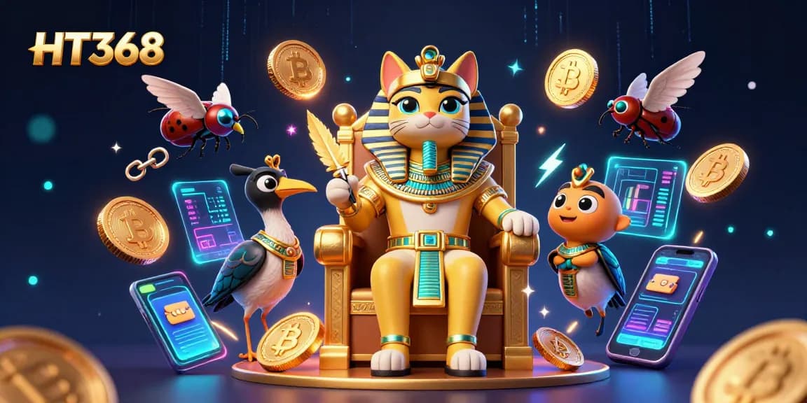 Engage in thrilling games at HT368 with a pharaoh cat surrounded by crypto bursting with action.